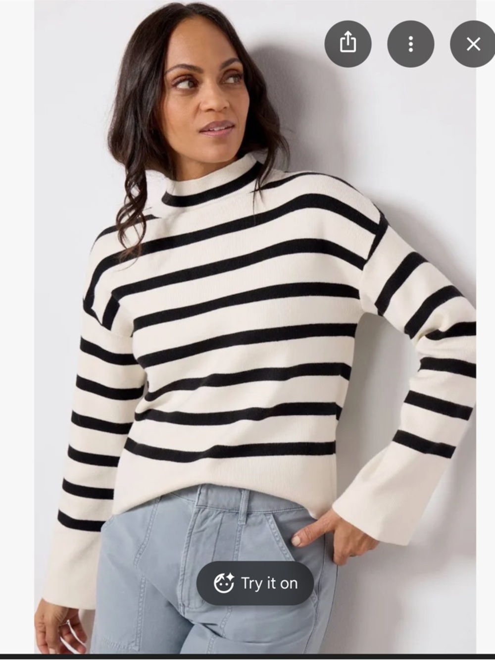 Evereve Black and White Striped Mock neck Sweater w/ Bell Sleeves